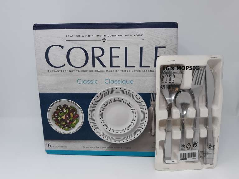 Corelle Classic 16 piece Dinnerware Set "City Block" with additional