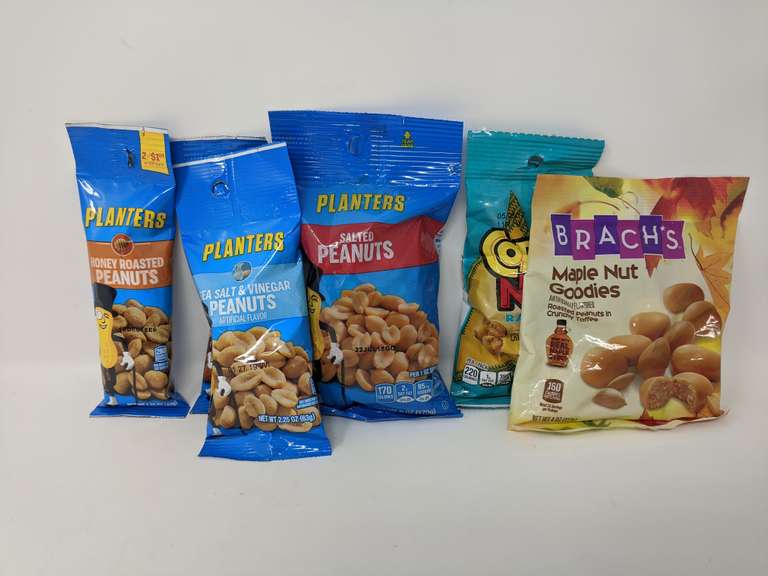 Assortment of 12 Planters, Corn Nuts & Branch's Nut Mixes ( Ounces May