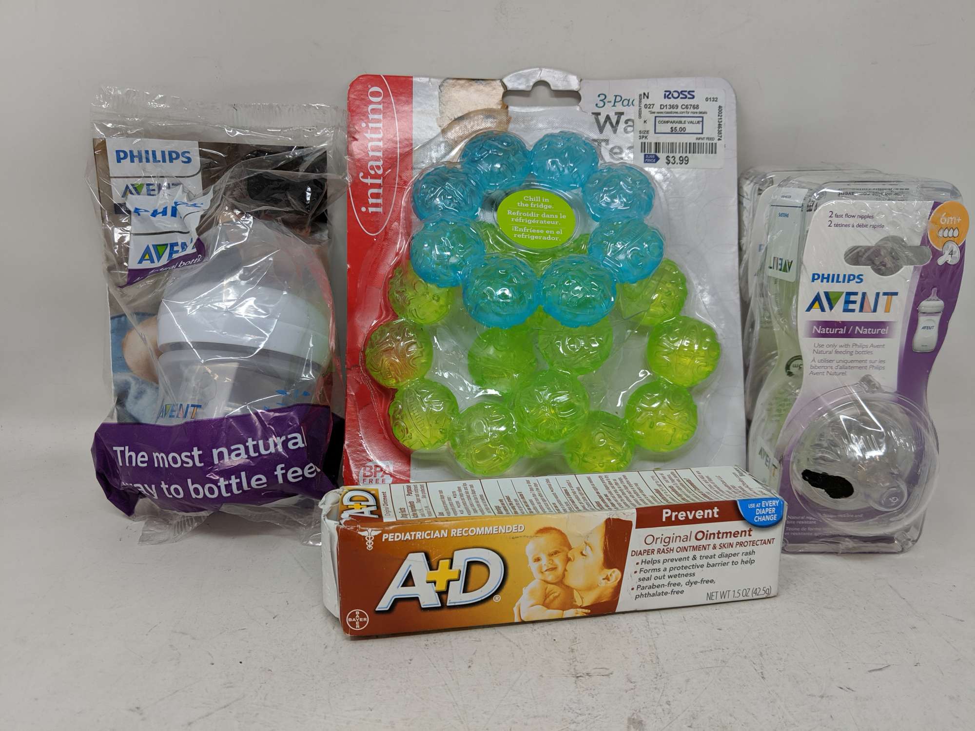 Assortment of 5 Baby Items Aveiit Bottle and Aveitt Nipples Total 8, 3  Teething Rings & A&D Ointment - Dutch Goat