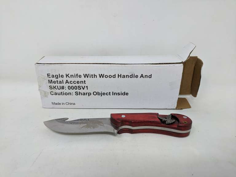 Eagle Knife With Wood Handle And Medal Accent Size Approx 6 Inches