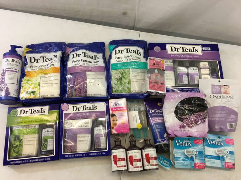 Assortment of 19 Dr Teals Pure Epsom Salt, Nail Polish, 2 Razors, Nair