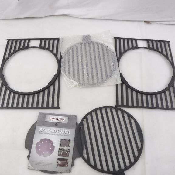 Assortment Of Camp Chef Cast Iron Pieces Heat Diffuser and Racks