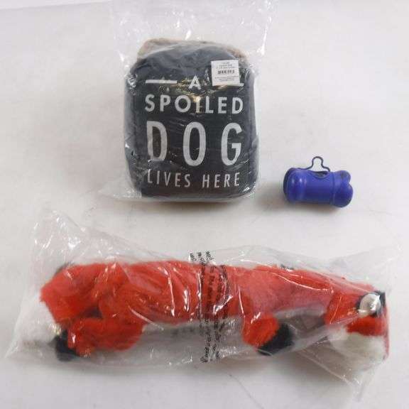 Assortment Of Dog Toys, 'A Spoiled Dog Lives Here' (5" x 6") Door