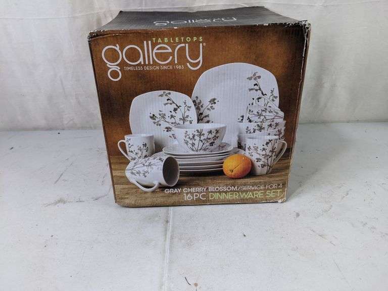 Tabletops Gallery Gray Cherry Blossom Dinnerware Set 16 Pieces