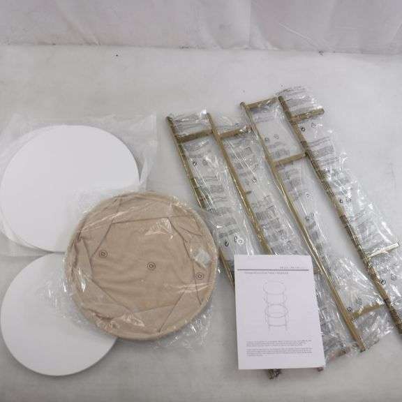 Vintage Round Side Table With 2 White Platforms And Cream Colored Basket On Bottom 15.5" Wide x ~34" Tall