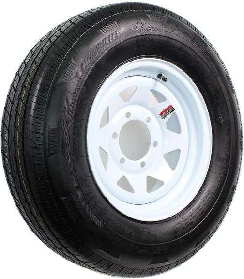 Rainier ST225/75R15 8PR Radial Trailer Tire On 15" 6 Lug White Spoke