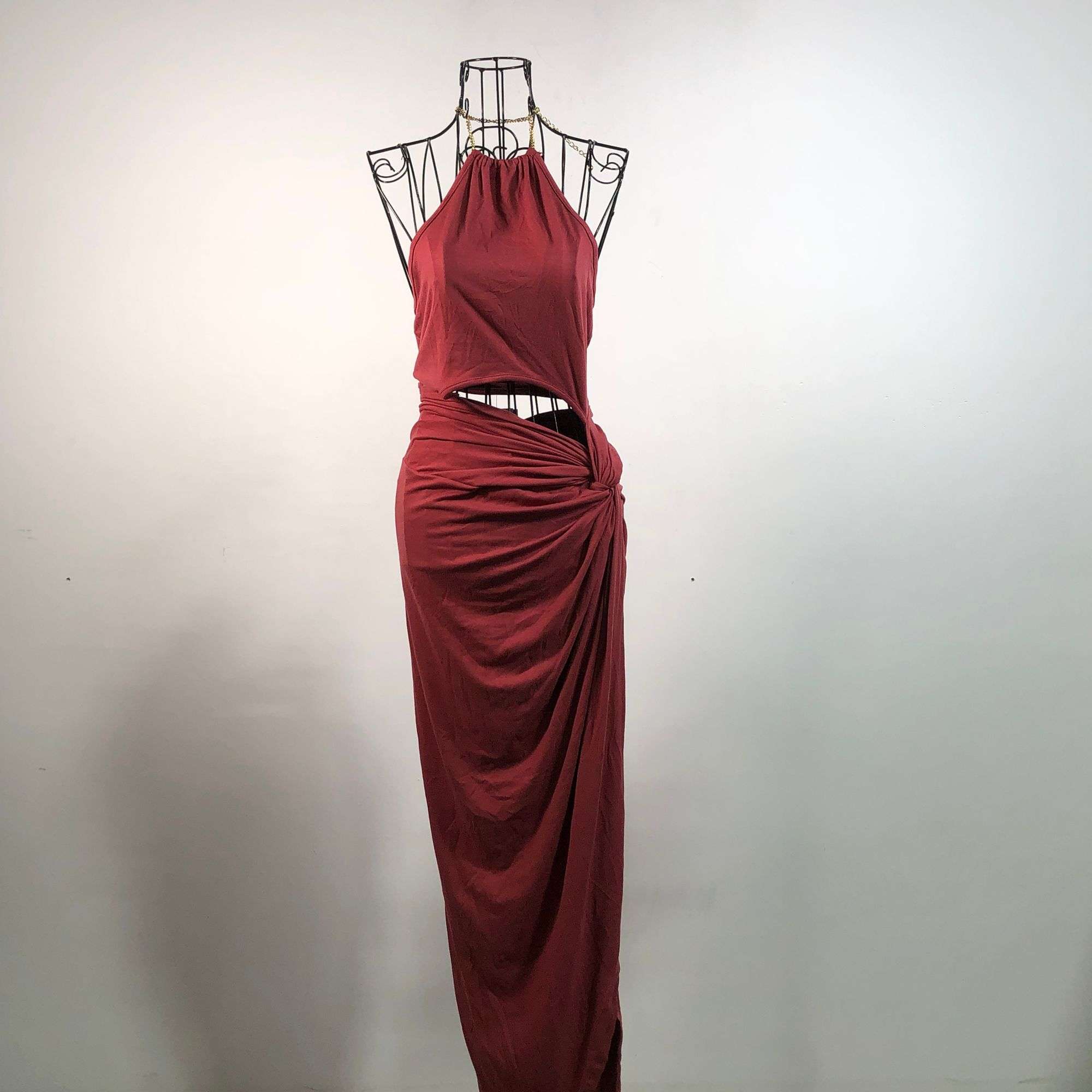 slim fit dress slacks Wine Red Halter Maxi Dress with Contoured Fit main image 0