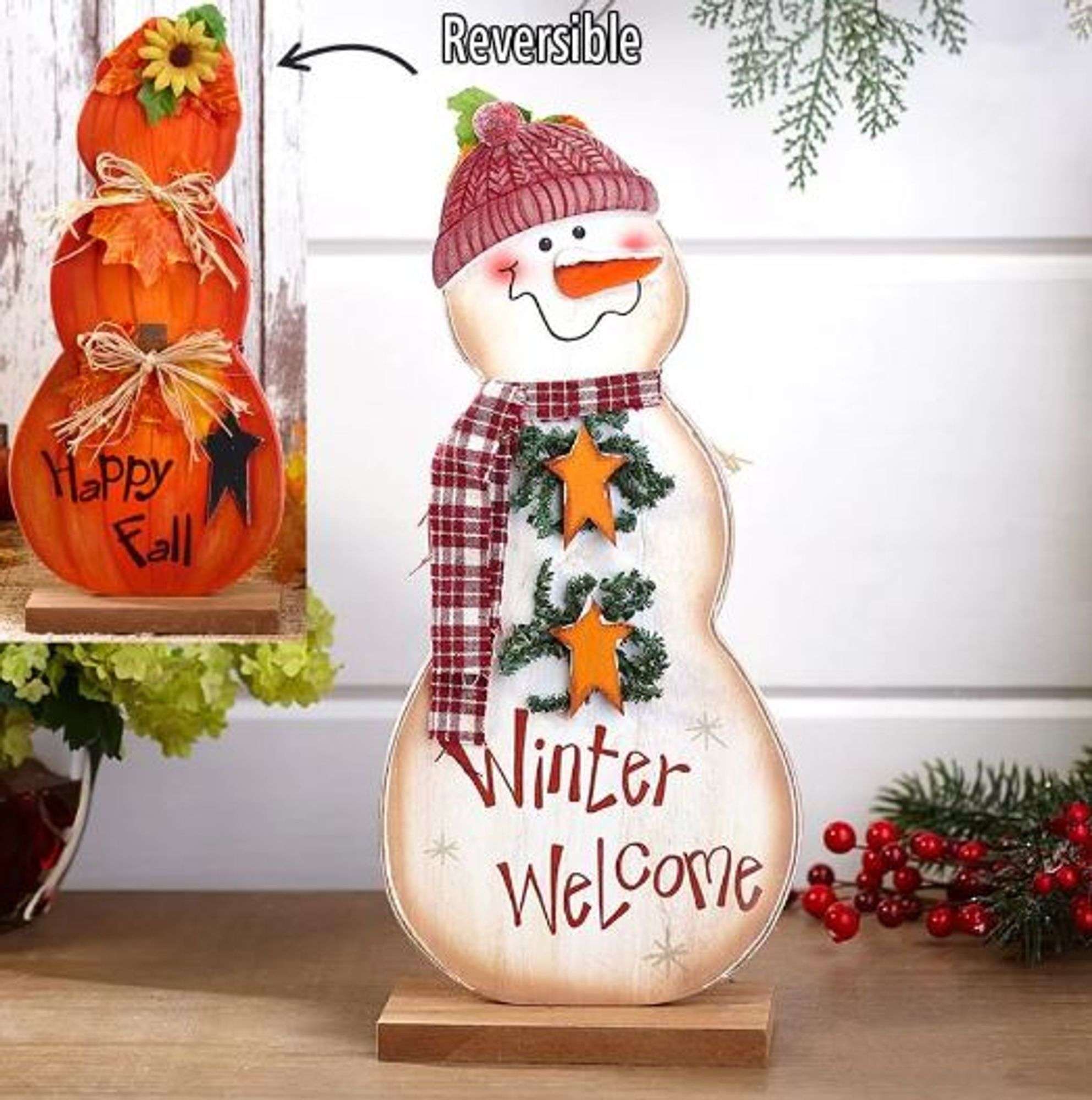 Winter Welcome And Happy Fall Reversible Wood Snowman/Pumpkin