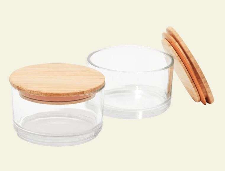 Material Kitchen Glass Stacking Canisters Set Of 2 With Wooden Lids