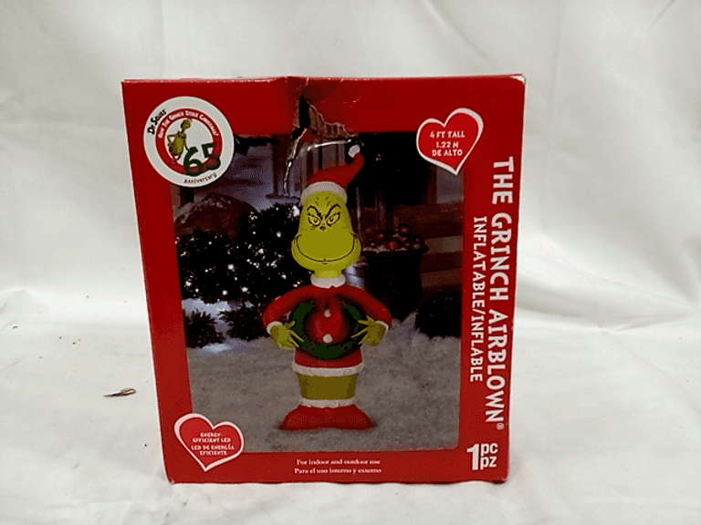 Gemmy 4' Christmas Airblown Grinch With Wreath & Wearing Santa Hat