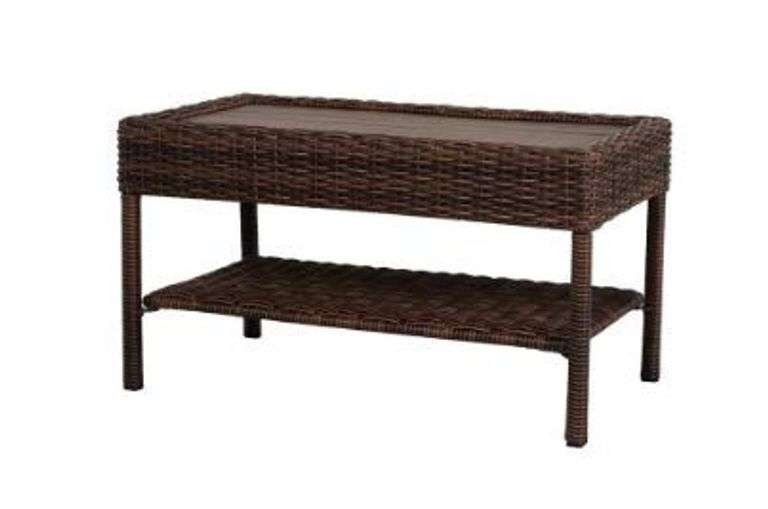 Hampton Bay Wicker Outdoor Coffee Table with Powder-Coated Steel Frame in Brown