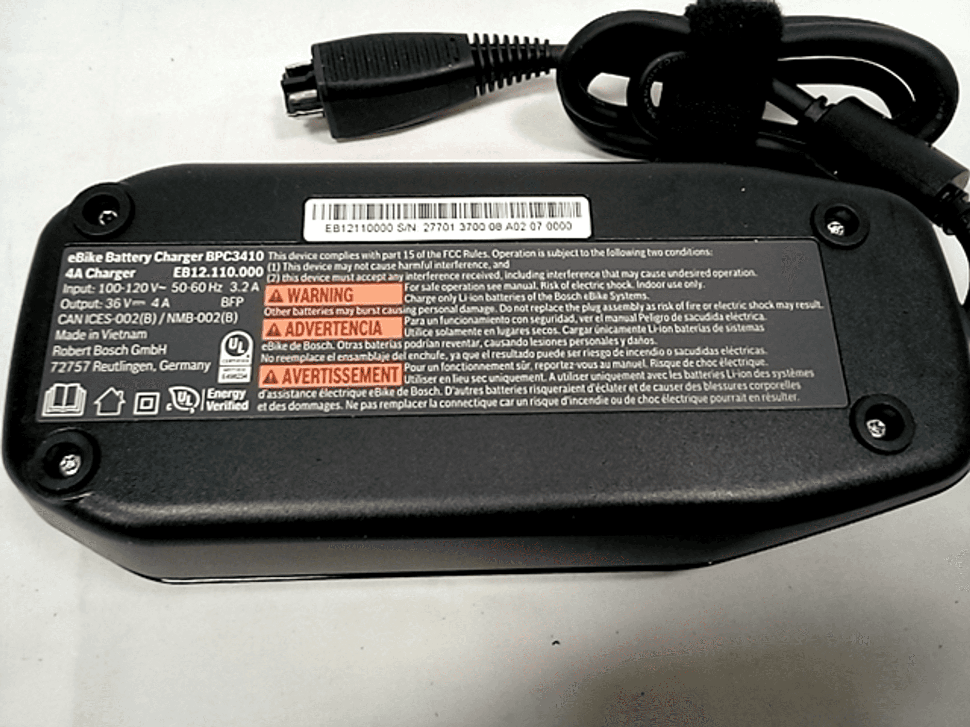 Bosch eBike Battery Charger BPC3410, 4A Charger 100-120V - Dutch Goat