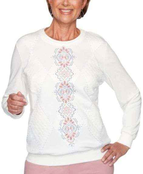 Pull Vintage Floral Alfred Dunner Blanc Et Rose - Taille L, Broderie, Manches Longues, Occasion Très Bon état