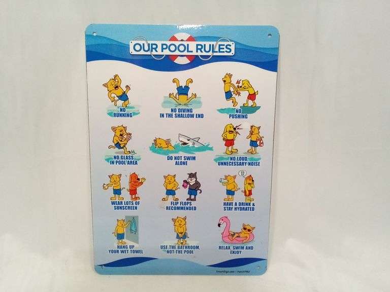 SmartSign “Our Pool Rules - No Running, No Glass In Pool Area, No Diving..." Metal Sign – FYR2